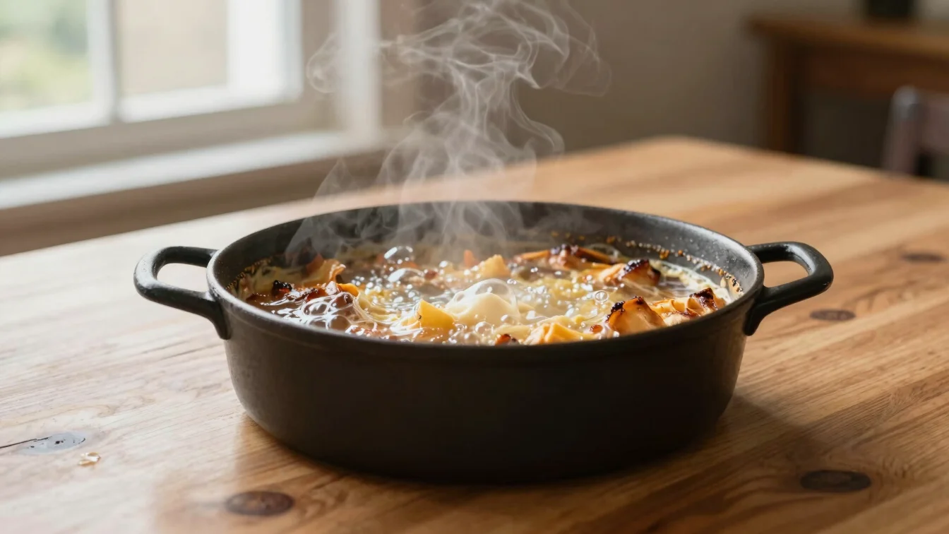 A rich, bubbling casserole dish on a warm wooden table, steam rising, soft natural window light, rich natural tones, sha