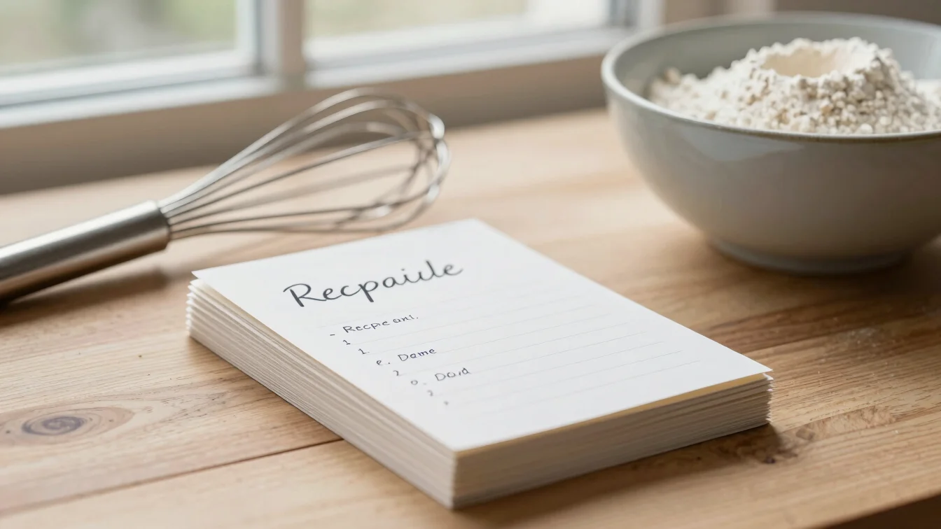 A stack of handwritten recipe cards next to a whisk and a bowl of flour, soft natural window light, rich natural tones,