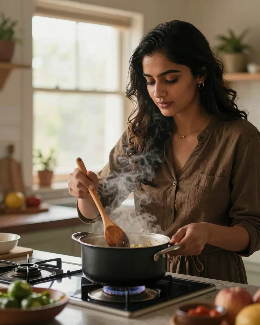 Sameera in a warm, natural kitchen, hands holding a wooden spoon over a steaming pot, soft window light, shallow depth o