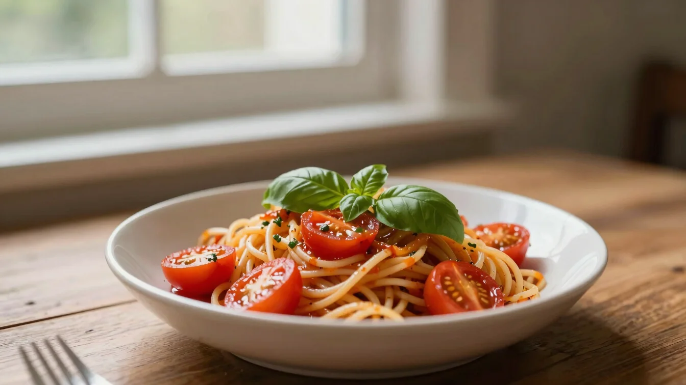 A vibrant bowl of pasta with fresh cherry tomatoes and basil, lit by soft natural window light, rich natural tones, shal